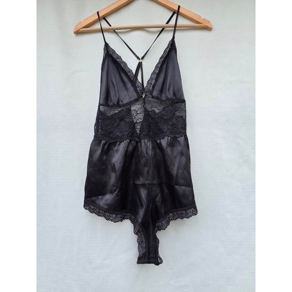 Fredericks of Hollywood Black Satin Lace Racerback Teddy Bodysuit F230-3556 M